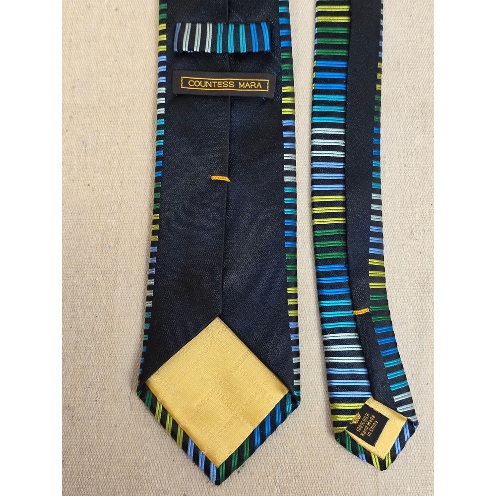 Countess Mara Mens Silk Tie Blue Green Yellow Black Striped Handmade Necktie - Picture 6 of 8